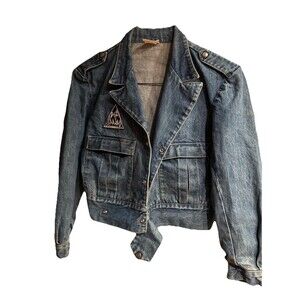 Vintage 80s 90s BONGO Denim Jean Jacket Military Moto Style Shoulder Epaulette